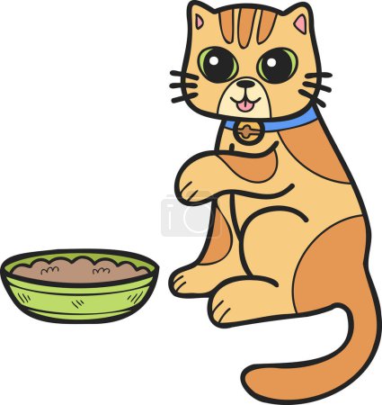 Téléchargez les illustrations : Hand Drawn striped cat eating food illustration in doodle style isolated on background - en licence libre de droit