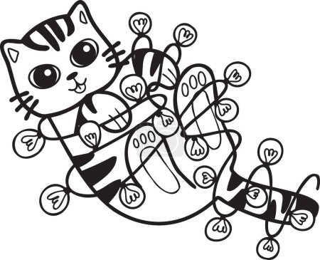 Téléchargez les illustrations : Hand Drawn striped cat playing with light bulb illustration in doodle style isolated on background - en licence libre de droit