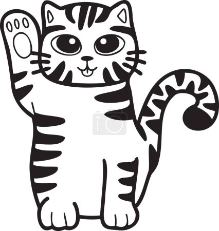 Ilustración de Hand Drawn Maneki Neko or lucky striped cat illustration in doodle style isolated on background - Imagen libre de derechos