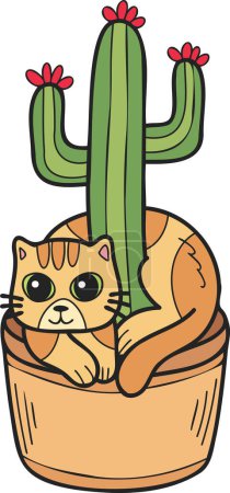 Téléchargez les illustrations : Hand Drawn striped cat and cactus illustration in doodle style isolated on background - en licence libre de droit