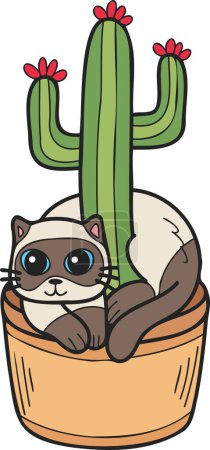 Téléchargez les illustrations : Hand Drawn cat and cactus illustration in doodle style isolated on background - en licence libre de droit