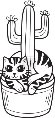 Hand Drawn striped cat and cactus illustration in doodle style isolated on background