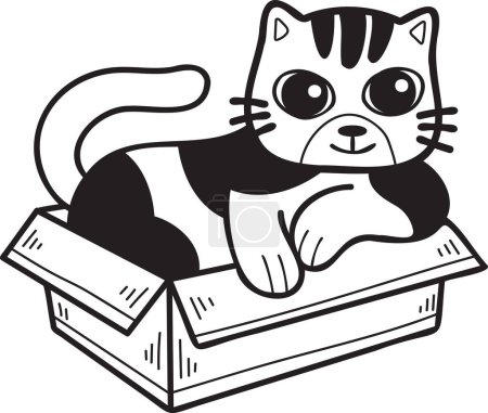 Téléchargez les illustrations : Hand Drawn striped cat in box illustration in doodle style isolated on background - en licence libre de droit