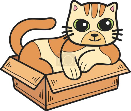 Ilustración de Hand Drawn striped cat in box illustration in doodle style isolated on background - Imagen libre de derechos