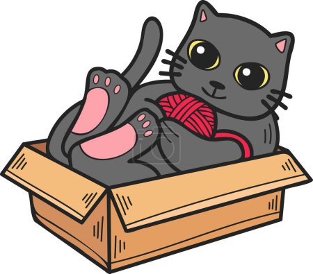 Téléchargez les illustrations : Hand Drawn cat playing with yarn in a box illustration in doodle style isolated on background - en licence libre de droit