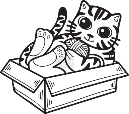 Téléchargez les illustrations : Hand Drawn striped cat playing with yarn in a box illustration in doodle style isolated on background - en licence libre de droit