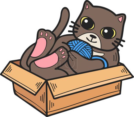 Ilustración de Hand Drawn cat playing with yarn in a box illustration in doodle style isolated on background - Imagen libre de derechos