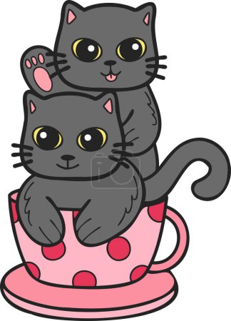 Téléchargez les illustrations : Hand Drawn cat or kitten with coffee mug illustration in doodle style isolated on background - en licence libre de droit