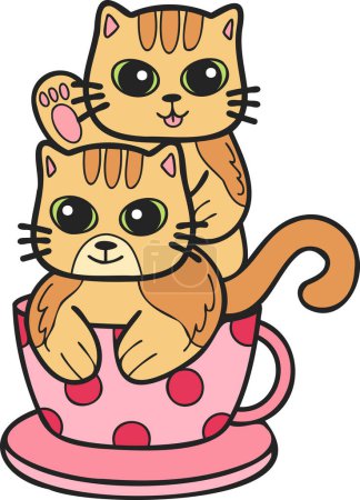Téléchargez les illustrations : Hand Drawn striped cat or kitten with coffee mug illustration in doodle style isolated on background - en licence libre de droit