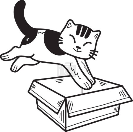 Téléchargez les illustrations : Hand Drawn striped cat jumped into the box illustration in doodle style isolated on background - en licence libre de droit