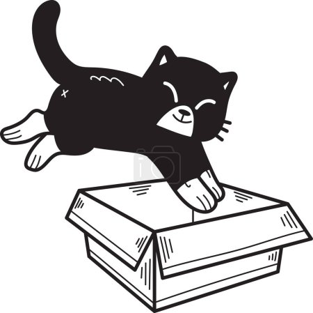 Téléchargez les illustrations : Hand Drawn kitten jumped into the box illustration in doodle style isolated on background - en licence libre de droit