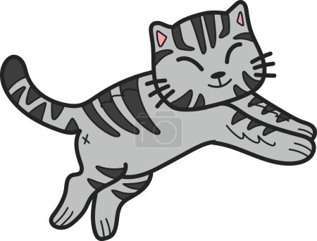 Téléchargez les illustrations : Hand Drawn jumping striped cat illustration in doodle style isolated on background - en licence libre de droit
