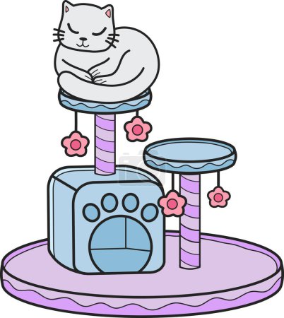 Téléchargez les illustrations : Hand Drawn cat with cat climbing pole illustration in doodle style isolated on background - en licence libre de droit
