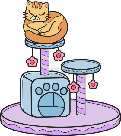 Téléchargez les illustrations : Hand Drawn striped cat with cat climbing pole illustration in doodle style isolated on background - en licence libre de droit
