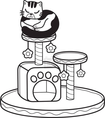 Téléchargez les illustrations : Hand Drawn striped cat with cat climbing pole illustration in doodle style isolated on background - en licence libre de droit