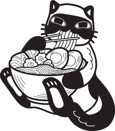 Téléchargez les illustrations : Hand Drawn cat eating noodles illustration in doodle style isolated on background - en licence libre de droit