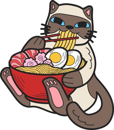 Ilustración de Hand Drawn cat eating noodles illustration in doodle style isolated on background - Imagen libre de derechos