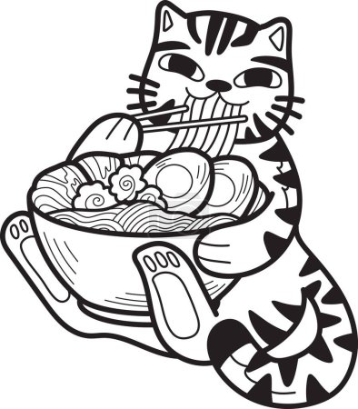 Illustration for Hand Drawn striped cat eating noodles illustration in doodle style isolated on background - Royalty Free Image
