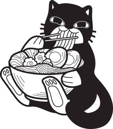 Téléchargez les illustrations : Hand Drawn cat eating noodles illustration in doodle style isolated on background - en licence libre de droit