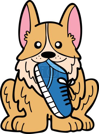 Ilustración de Hand Drawn Corgi Dog holding shoes illustration in doodle style isolated on background - Imagen libre de derechos