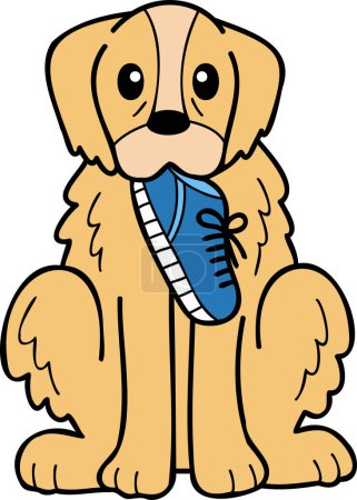 Ilustración de Hand Drawn Golden retriever Dog holding shoes illustration in doodle style isolated on background - Imagen libre de derechos