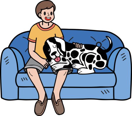 Téléchargez les illustrations : Hand Drawn Dalmatian Dog with owner and sofa illustration in doodle style isolated on background - en licence libre de droit