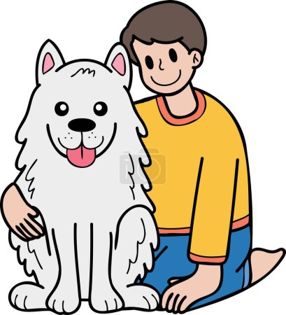 Téléchargez les illustrations : Hand Drawn owner hugs Samoyed Dog illustration in doodle style isolated on background - en licence libre de droit