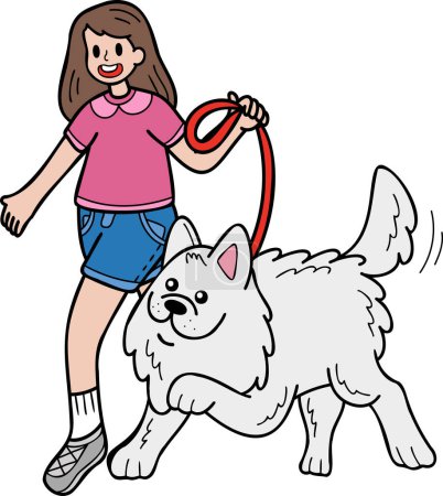 Téléchargez les illustrations : Hand Drawn Samoyed Dog walking with owner illustration in doodle style isolated on background - en licence libre de droit