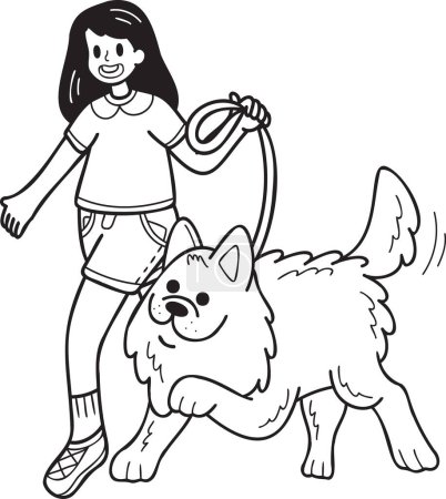 Ilustración de Hand Drawn Samoyed Dog walking with owner illustration in doodle style isolated on background - Imagen libre de derechos