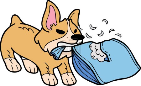Téléchargez les photos : Hand Drawn Corgi Dog biting pillow illustration in doodle style isolated on background - en image libre de droit