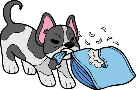 Illustration for Hand Drawn French bulldog biting pillow illustration in doodle style isolated on background - Royalty Free Image