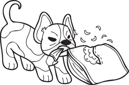 Ilustración de Hand Drawn French bulldog biting pillow illustration in doodle style isolated on background - Imagen libre de derechos