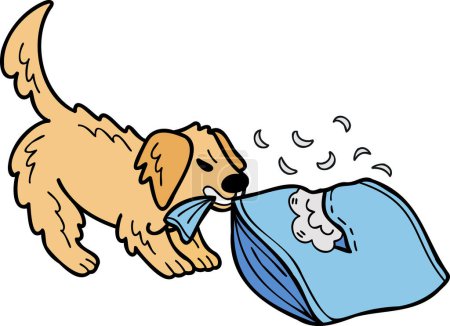 Ilustración de Hand Drawn Golden retriever Dog biting pillow illustration in doodle style isolated on background - Imagen libre de derechos
