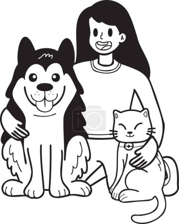 Téléchargez les illustrations : Hand Drawn husky Dog with cat and owner illustration in doodle style isolated on background - en licence libre de droit