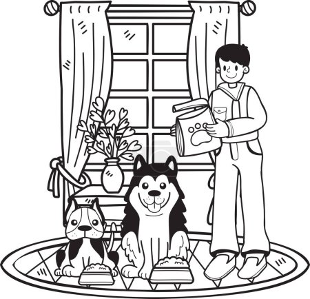 Illustration for Hand Drawn male owner Feeding the dog in the room illustration in doodle style isolated on background - Royalty Free Image