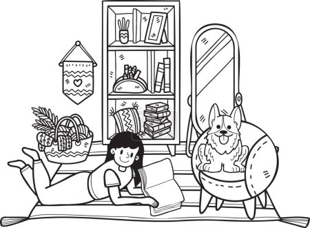 Ilustración de Hand Drawn Woman reading in room with Corgi Dog illustration in doodle style isolated on background - Imagen libre de derechos