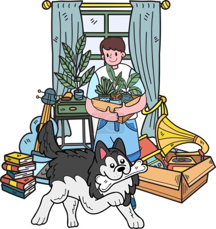 Ilustración de Hand Drawn Owner and husky Dog moving into a new home illustration in doodle style isolated on background - Imagen libre de derechos