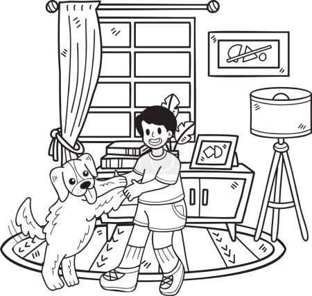 Illustration for Hand Drawn The owner plays with the dog in the room illustration in doodle style isolated on background - Royalty Free Image