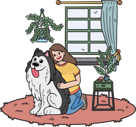 Illustration for Hand Drawn The owner hugged the dog in the room illustration in doodle style isolated on background - Royalty Free Image