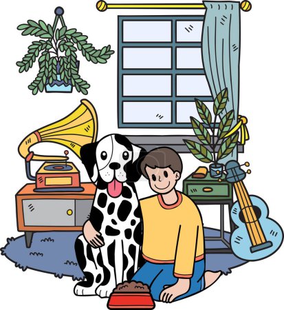 Téléchargez les illustrations : Hand Drawn male owner Feeding the dog in the room illustration in doodle style isolated on background - en licence libre de droit