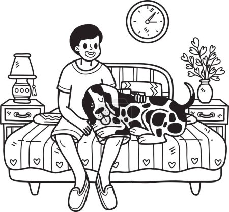 Téléchargez les illustrations : Hand Drawn owner and dog are sleeping in the room illustration in doodle style isolated on background - en licence libre de droit