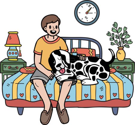 Illustration for Hand Drawn owner and dog are sleeping in the room illustration in doodle style isolated on background - Royalty Free Image