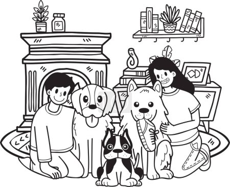 Ilustración de Hand Drawn The owner hugged the dog in the room illustration in doodle style isolated on background - Imagen libre de derechos