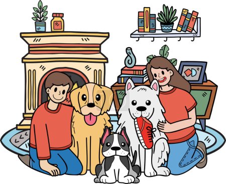 Ilustración de Hand Drawn The owner hugged the dog in the room illustration in doodle style isolated on background - Imagen libre de derechos
