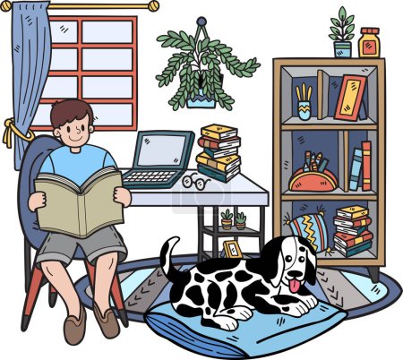 Ilustración de Hand Drawn owner reads a book with the dog in the room illustration in doodle style isolated on background - Imagen libre de derechos