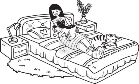 Téléchargez les illustrations : Hand Drawn owner is sleeping with the dog and cat in the room illustration in doodle style isolated on background - en licence libre de droit