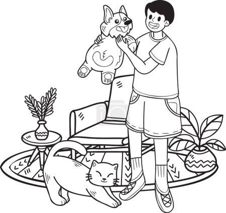 Téléchargez les illustrations : Hand Drawn The owner hugs the dog and catin the living room illustration in doodle style isolated on background - en licence libre de droit