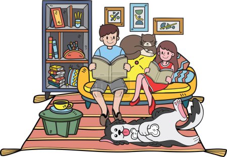 Ilustración de Hand Drawn owner reads a book with the dog and cat in the room illustration in doodle style isolated on background - Imagen libre de derechos