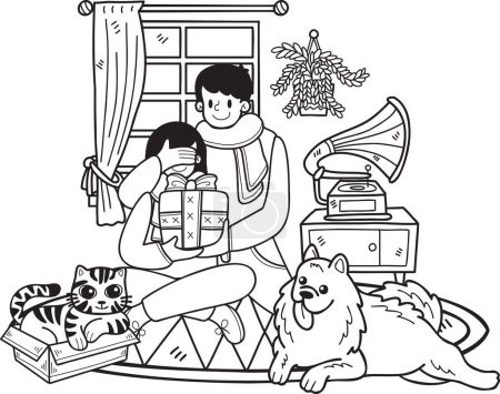 Ilustración de Hand Drawn Men give gifts to women with dogs and cats illustration in doodle style isolated on background - Imagen libre de derechos