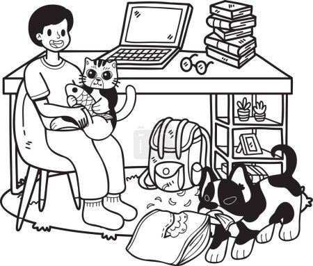 Illustration for Hand Drawn owner plays with the dogs and cats in the office room illustration in doodle style isolated on background - Royalty Free Image